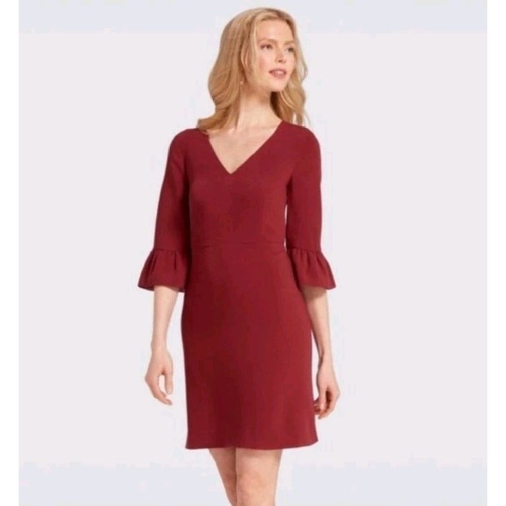 Draper James Dress Size 2 V-Neck Bell Sleeve Shift Deep Berry Preppy Classic NEW